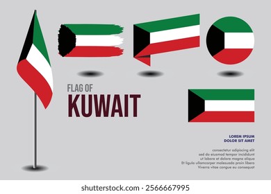 Set of Kuwait flag in 5 designs: flag on pole, brush stroke, skew, round and standard. vector, flat, isolated on grey background