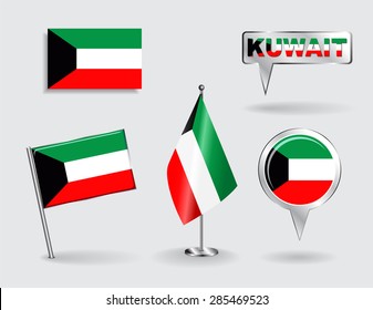 Set of Kuwait pin, icon and map pointer flags. Vector illustration.