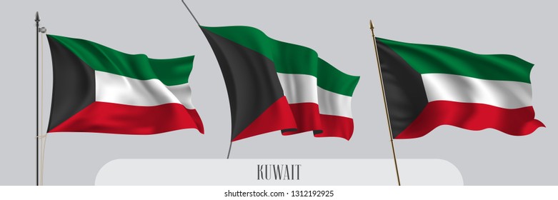 Set of Kuwait waving flag on isolated background vector illustration. 3 green white Kuwaiti wavy realistic flag as a patriotic symbol 