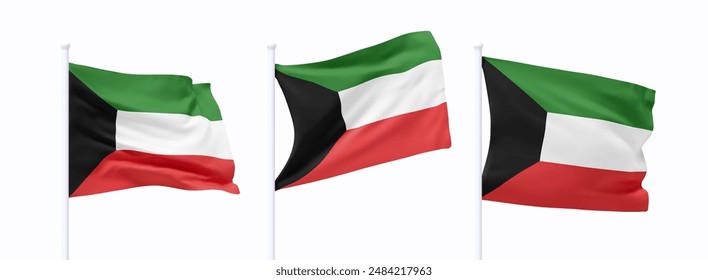 Set of Kuwait waving flag on flagpole. Realistic 3d design flag flies on the wind on isolated white background. vector illustration