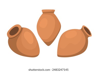 Conjunto de kvevri o Qvevri, Grandes recipientes de barro utilizados para la fermentación, el almacenamiento y el envejecimiento del vino tradicional georgiano. Ilustración vectorial en estilo plano aislado