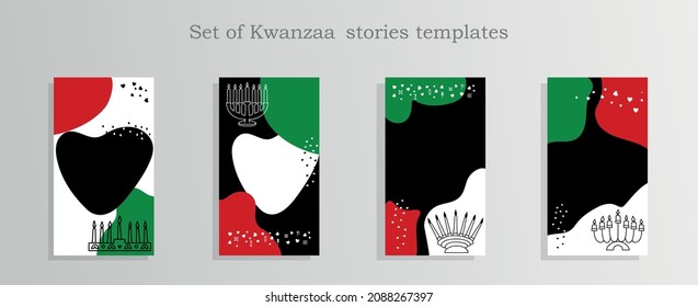 Set of Kwanzaa Social media stories and post templates. Background template with copy space for text and images. Abstract shapes in red, green, black colors. Kwanzaa symbols.