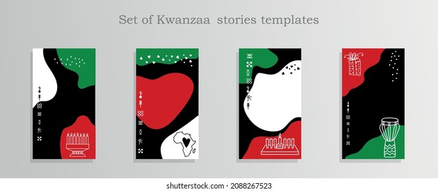 Set of Kwanzaa Social media stories and post templates. Background template with copy space for text and images. Abstract shapes in red, green, black colors. Kwanzaa symbols.