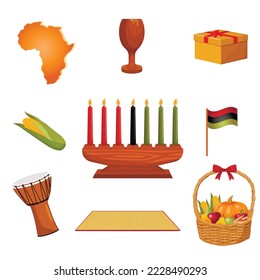 Set of Kwanzaa symbols. Mazao, zawadi, mkeka, kinara, gifts, cup, candles, flag, djembe. For posters, flyers, web designs.