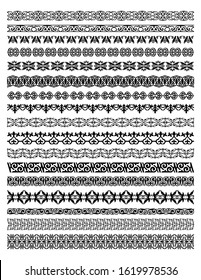 Set of Kyrgyz, Kazakh, Uzbek national Islamic seamless ornaments. Ornate muslim  asian borders, dividers and frames for covers, certificates or diplomas. Vector line decor in arabesque ethnic style.