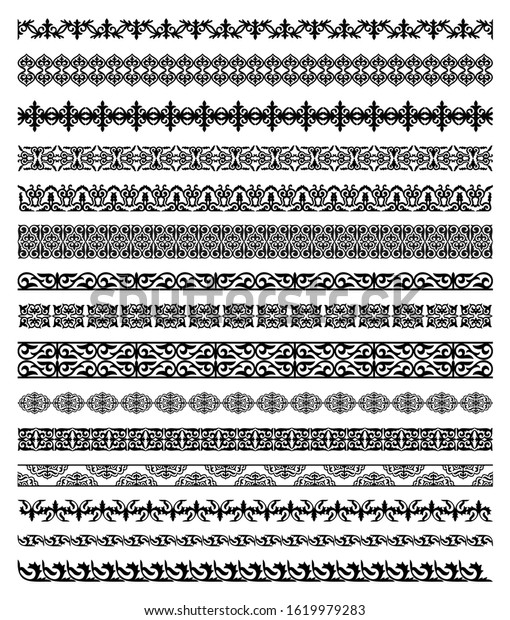 Set of Kyrgyz, Kazakh, Uzbek national Islamic\
seamless ornaments. Ornate muslim borders, dividers and frames for\
covers, certificates or diplomas. Simple vector line decor in\
arabesque ethnic style.