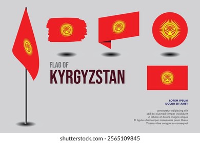 Set of  Kyrgyzstan flag in 5 designs: flag on pole, brush stroke, skew, round and standard. vector, flat, isolated on grey background