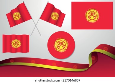 Set Of Kyrgyzstan Flags In Different Designs, Icon, Flaying Flags And Ribbon With Background.