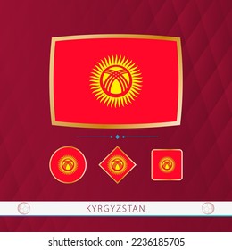 Set von Kirgisistan-Flaggen mit goldenem Rahmen für Sportveranstaltungen auf bordeauxrotem Hintergrund. Vektorgrafik von Flaggen.