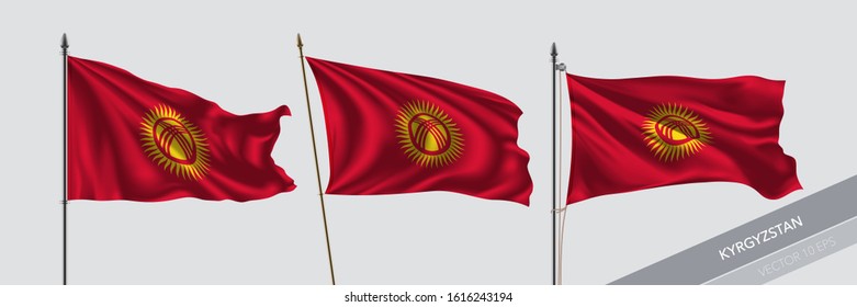 Set of Kyrgyzstan waving flag on isolated background vector illustration. 3 Kyrgyzstanian wavy realistic flag as a symbol of patriotism