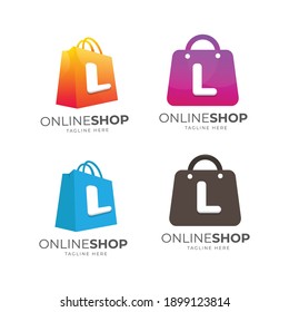 set of L letter gradation logo design templates and shopping bags, logo designs for online shop