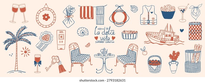 Set of La Dolce Vita summer vacation elements. Hand drawn collection of  outdoor cafe furniture, fishing boat, palm tree, and coastal lifestyle accessories in a blue and red line naive retro style