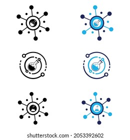 Juego de botellas de laboratorio. Símbolo o icono de la lámpara y el matraz. logotipo de laboratorio