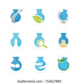Set of lab bottle logo combination. Bulb and flask symbol or icon. Unique science and laboratory logotype design template.