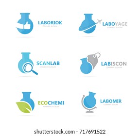 Set of lab bottle logo combination. Bulb and flask symbol or icon. Unique science and laboratory logotype design template.