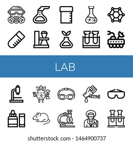 Set of lab icons such as Gas mask, Test tube, Flask, Sample tube, Science, Chemical, Molecular, Moon rover, Microscope, Ph meter, Scientific, Rat, Goggles, Blood test, Scientist , lab