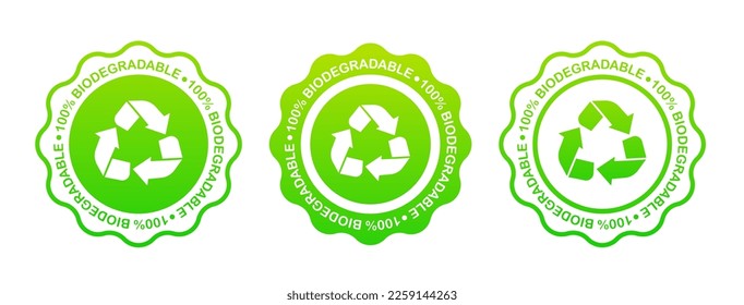 Set label 100% biodegradable 100% compostable icon, logo. Green leaves in a circle. Round biodegradable symbol. Natural recyclable packaging sign. Eco friendly product. Vector illustration svg