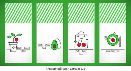 Set of label, abstract sign, emblem for plant-based or vegan food. Easy concept with thin line icon, template with space for text - vector illustration.