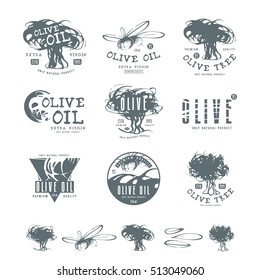 Set of label and badges for olive oil. With hand-drawn graphic. Print on white background