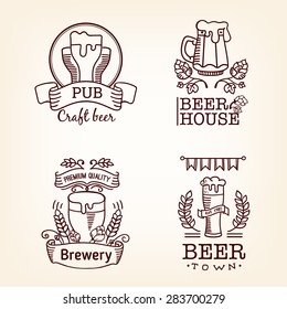 Set label of beer. Old style elements, logos, logotypes for bar, pub, brewing company, brewery, tavern, beer town, beer house. Logo collection.
Vintage banners and vignette design, hand drawn set