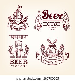 Set label of beer. Old style elements, logos, logotypes for bar, pub, brewing company, brewery, tavern, beer town, beer house. Logo collection.
Vintage banners and vignette design, hand drawn set