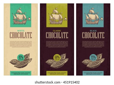 Set of label for chocolate. Fruits of cocoa beans and sailing ship floating on the sea waves. Vector vintage engraved illustration.