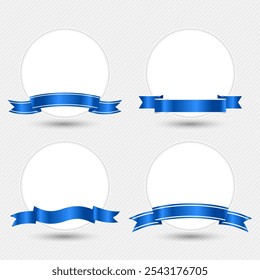 Set of label circle frames with blue ribbons wrapped around them for decoration and celebration.