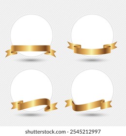 Set of label circle frames with gold ribbons wrapped around them for decoration and celebration.	