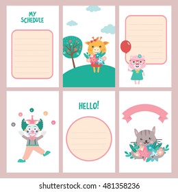Set of label design with cute animals. Beautiful template with letters. Giraffe, piggy, clown, cat illustration. For baby birthday, party, invitation.