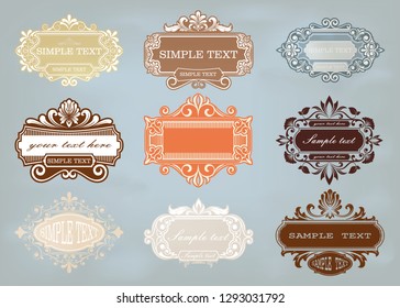 set of label design template in vintage style with beautiful filigree and retro border for premium invitation or luxury postcard, decorative frame, ornament vector
