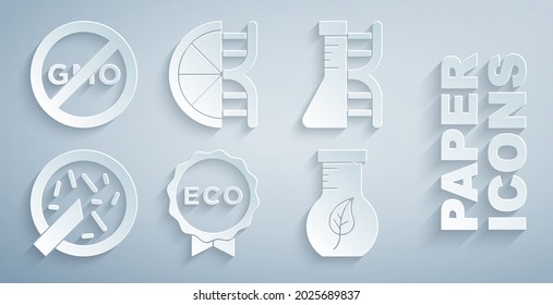 Set Label for eco healthy food, DNA research, search, Petri dish with bacteria, Test tube and flask, Genetically modified orange and No GMO icon. Vector