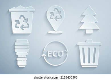 Set Label For Eco Healthy Food, Christmas Tree, LED Light Bulb, Trash Can, Recycle And Bin With Recycle Icon. Vector