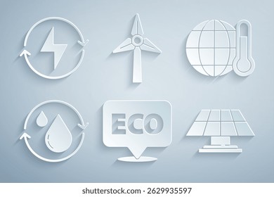 Set Label for eco healthy food, Global warming, Recycle clean aqua, Solar energy panel, Wind turbine and Lightning bolt icon. Vector