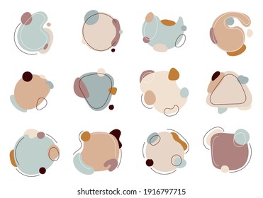 Set of label element abstract organic shapes with line in minimal trendy style isolated on white background. Vector illustration