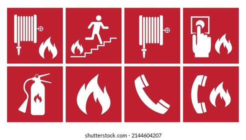 Set label Fire extinguisher Sign on red background	