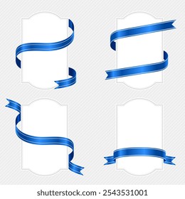 Set of label frames with blue ribbons wrapped around them for decoration and celebration.