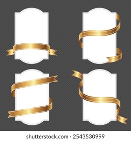 Set of label frames with gold ribbons wrapped around them for decoration and celebration.