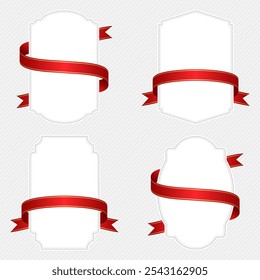 Set of label frames with red ribbons wrapped around them for decoration and celebration.