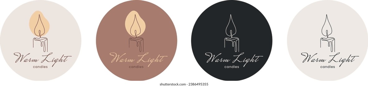 Set of label for handmade candle, the logo in various designs. Candle in minimalistic one line art style. Vector illustration EPS10