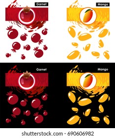 Set label icon of garnet and mango fruit on white and black, pattern garnet and mango, splash backdrop 