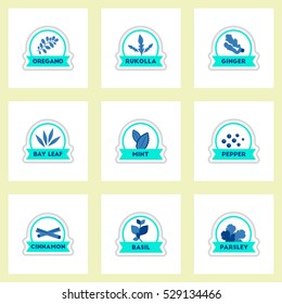 Set of label icon on sticker. Kitchenware seasoning cinnamon, parsley, basil, papper, bay leaf, mint, rukolla, ginger, oregano