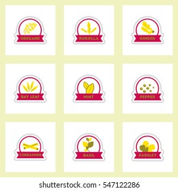 Set of label icon on sticker. Kitchenware seasoning spice