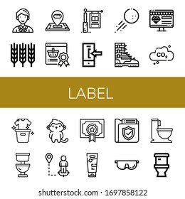 Set of label icons. Such as Coordinator, Wheat, Location, Reward, Signage, Login, Golf ball, Boot, Online shop, Carbon dioxide, Laundry, Toilet, Monkey, Degree, Sunscreen , label icons