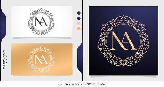 Set of label initial NA letter, Circle gold frame border with ornament pattern. applicable for letterpress, embroidery, invitation wedding monogram, and sign.