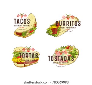 Set of label and logo design for mexican food restaurant. Design elements in flat style. Color print on white background