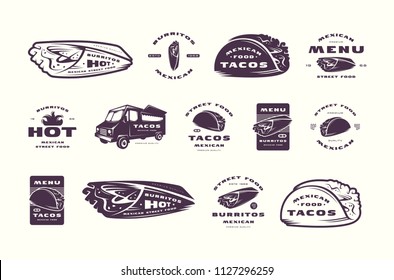 Set of label, logo and sticker for mexican restaurant. Isolated on white background