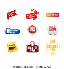 Set of label With Megaphone And Text Register Now.