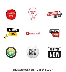 Set of label With Megaphone And Text Register Now.