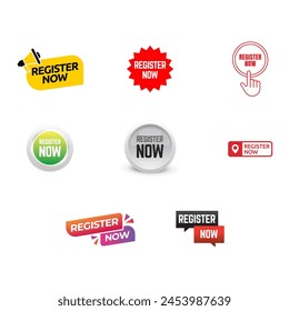 Set of label With Megaphone And Text Register Now.