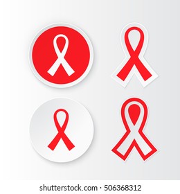 Set label Red Ribbon - symbol awareness pandemic AIDS / HIV. 1st December World Aids Day. Vector illustration red ribbon.
